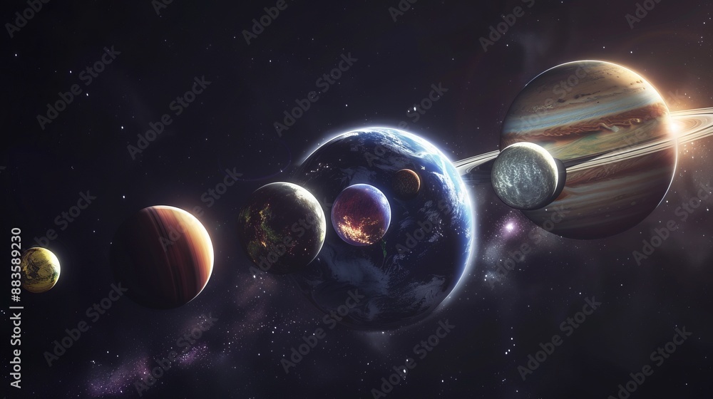 custom made wallpaper toronto digitalThis image shows planets aligned with Earth in the center, displayed artistically within a galactic setting, highlighting their unique features and the vastness of space.