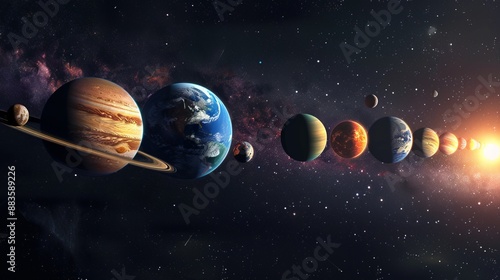 Fototapeta Naklejka Na Ścianę i Meble -  This image captures a realistic depiction of the solar system planets aligned in space, highlighting their unique characteristics and vibrant colors against the backdrop of the universe.