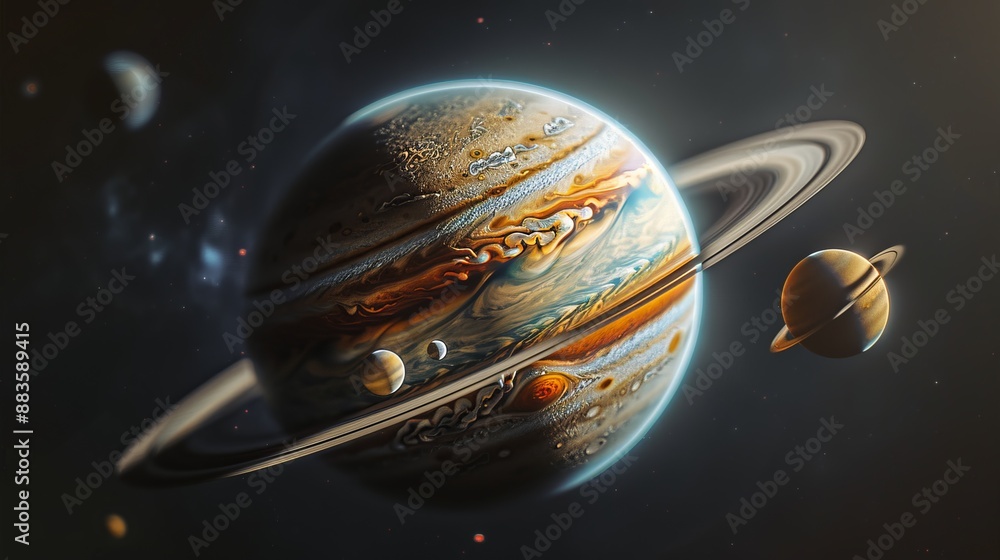 A vibrant and detailed depiction of a large planet with prominent rings and several moons, showcasing the beauty of a distant celestial system. A vibrant and detailed depiction of a large planet with prominent rings and several moons, showcasing the beauty of a distant celestial system.