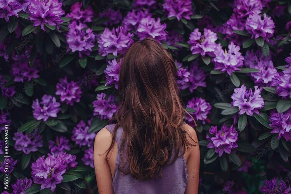 A woman stands in front of a bush of purple flowers, possibly admiring the beauty of nature A woman stands in front of a bush of purple flowers, possibly admiring the beauty of nature
