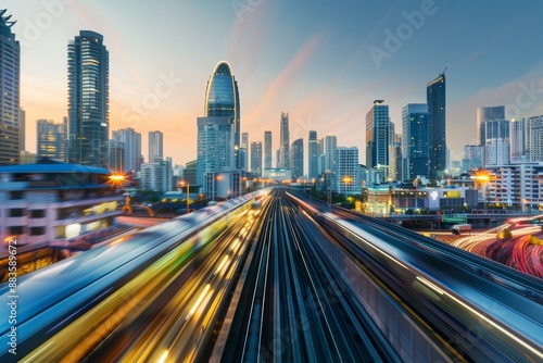 Cityscape with a Blurred Train Passing Through