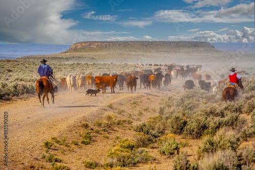 Two cowboys on horseback, and a dog, driving a herd of cattle to a new pasture.