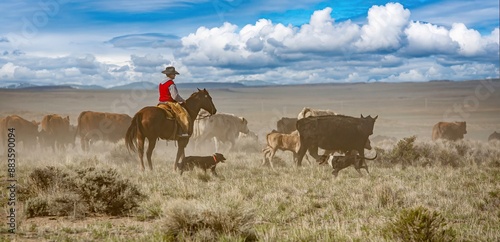 A cowboy and his dog riding through a sage brush and  desert grass pasture, moving a herd of cattle from one pasture to another.