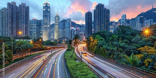 Bustling Cityscape at Sunset with Modern Architecture and Busy Streets