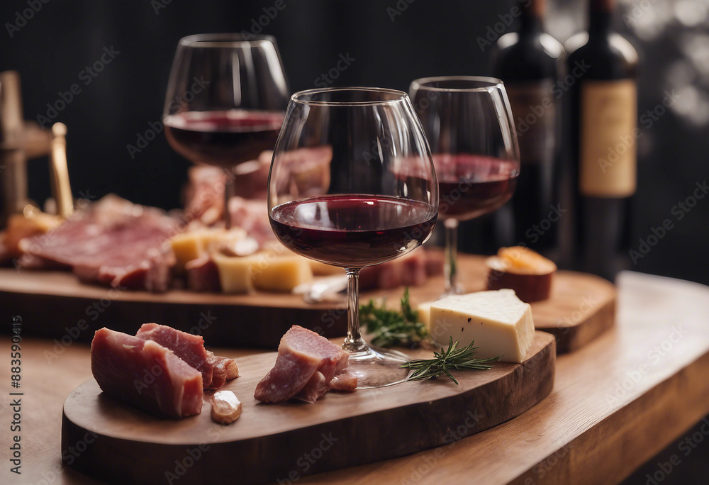 Red wine in a crystal wine glass with a charcuterie board in a high-end wine bar
Red wine in a crystal wine glass with a charcuterie board in a high-end wine bar