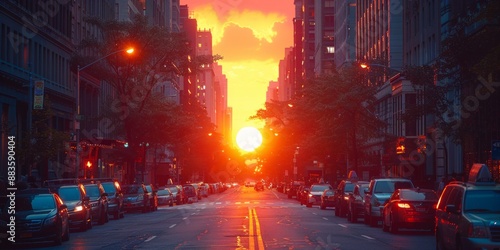 Bustling Cityscape at Sunset with Modern Architecture and Busy Streets