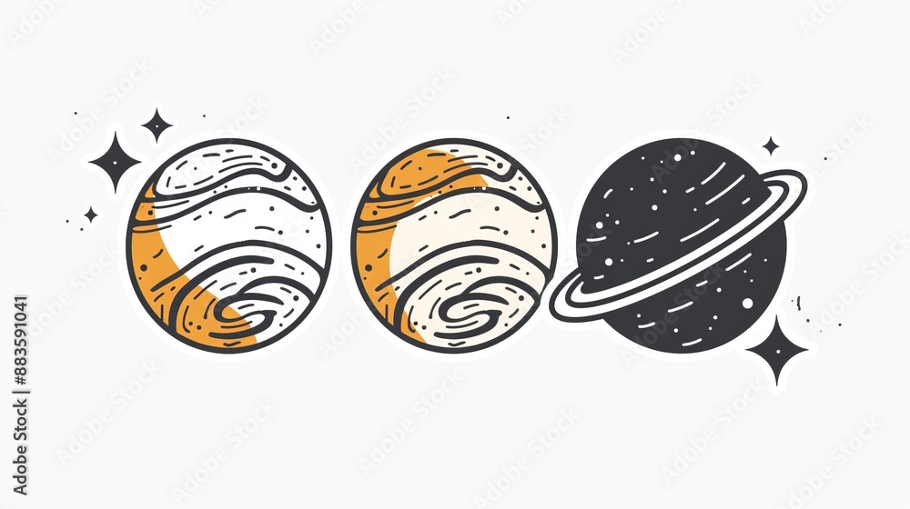 Three stylized planets, each with distinct outlines and patterns, positioned against a white background, showcasing different colors and artistic representations. Three stylized planets, each with distinct outlines and patterns, positioned against a white background, showcasing different colors and artistic representations.