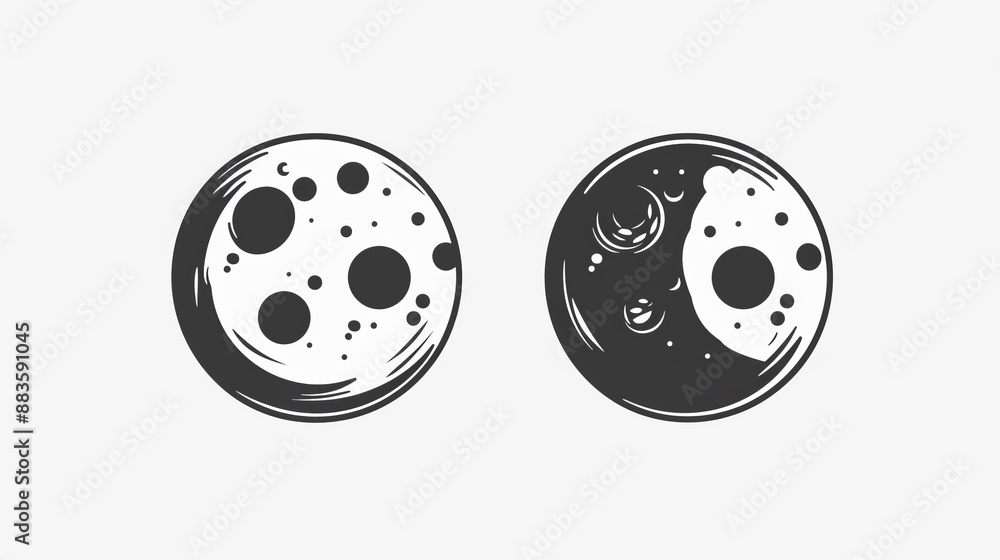 Two black and white stylized planets featuring various patterns and textures, each uniquely designed, against a plain background, emphasizing their artistic simplicity. Two black and white stylized planets featuring various patterns and textures, each uniquely designed, against a plain background, emphasizing their artistic simplicity.
