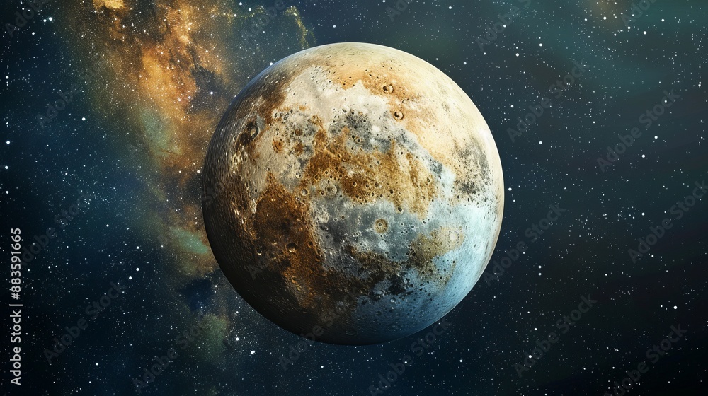 Obraz premium An Earth-like planet with vivid colors and striking surface details floats serenely in the deep space, with distant stars and galaxies enhancing the cosmic beauty.