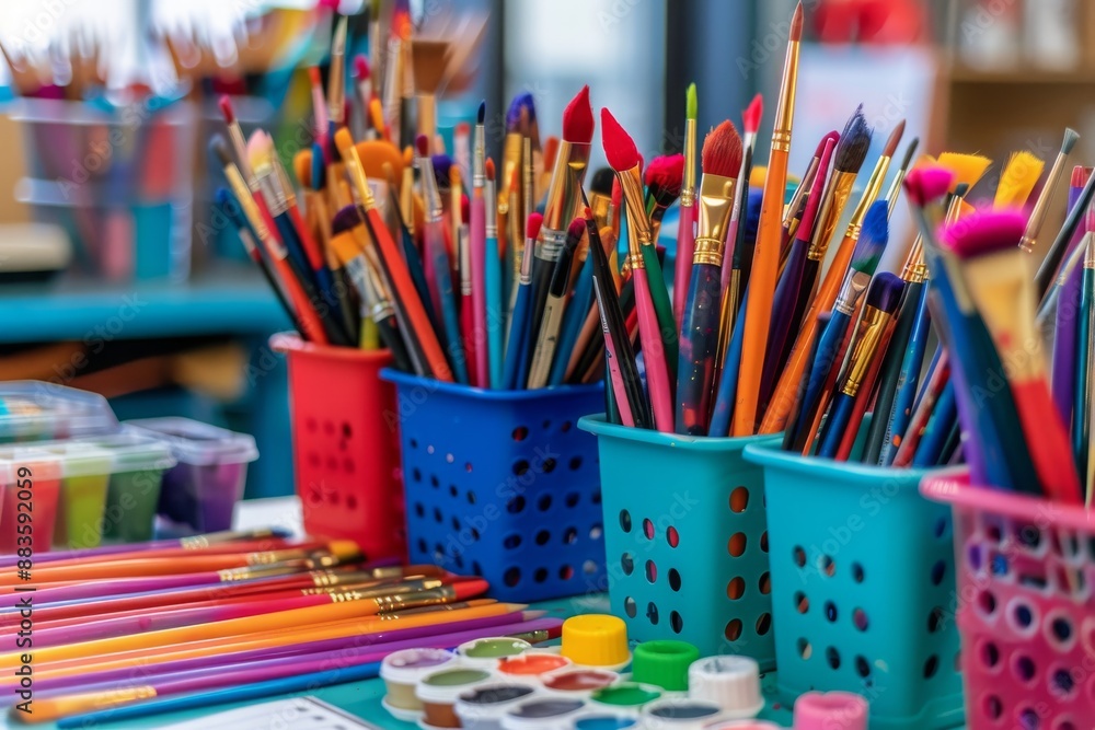Colorful Paintbrushes in Blue Buckets Colorful Paintbrushes in Blue Buckets