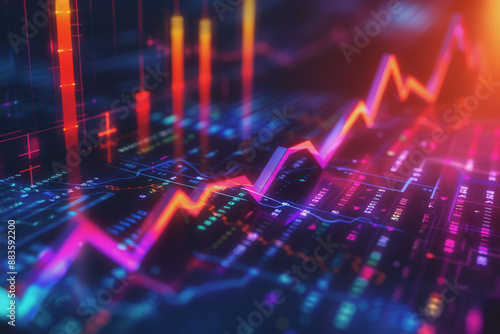 Financial crisis down colorful arrow economy business graph on money crash market background..