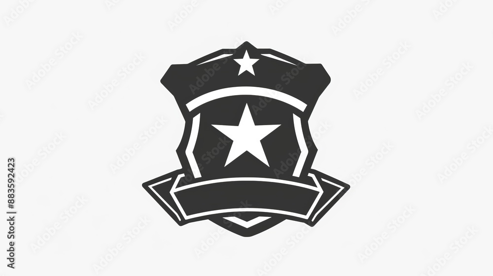 This image features a black and white police badge icon with a central star, a blank banner at the bottom for text customization, and a clean, minimalist design. This image features a black and white police badge icon with a central star, a blank banner at the bottom for text customization, and a clean, minimalist design.