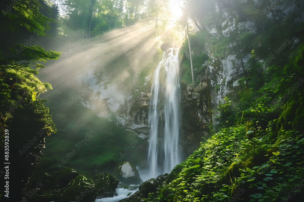 Waterfall in Forest: A dynamic photograph by Galen Rowell of a powerful waterfall cascading down a rocky cliff forest surrounded by lush greenery and bathed in sunlight Waterfall in Forest: A dynamic photograph by Galen Rowell of a powerful waterfall cascading down a rocky cliff forest surrounded by lush greenery and bathed in sunlight