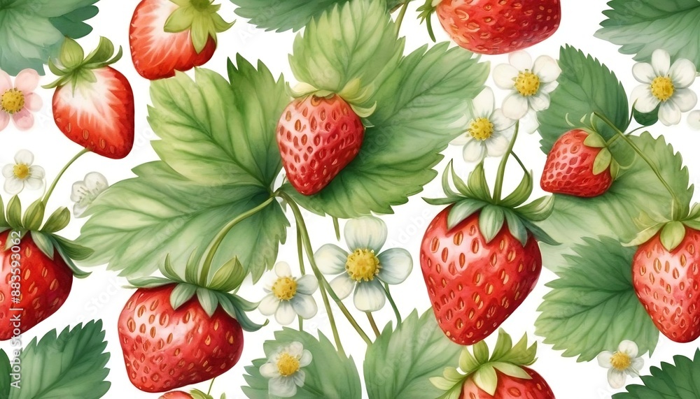 watercolor illustration of ripe strawberry with leaves and flowers, painted elements composition. Hand drawn food illustration created with generative ai. watercolor illustration of ripe strawberry with leaves and flowers, painted elements composition. Hand drawn food illustration created with generative ai.