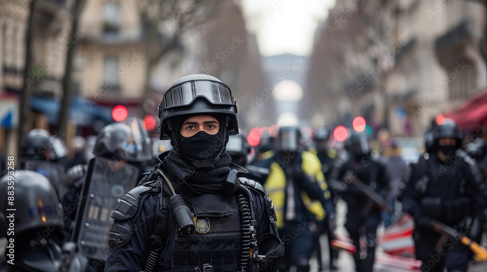 A group of riot police officers in full gear, including helmets and body armor, monitor a public protest in an urban area, maintaining order and ensuring public safety. A group of riot police officers in full gear, including helmets and body armor, monitor a public protest in an urban area, maintaining order and ensuring public safety.