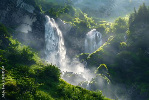 Waterfall in Forest: A dynamic photograph by Galen Rowell of a powerful waterfall cascading down a rocky cliff forest surrounded by lush greenery and bathed in sunlight photo