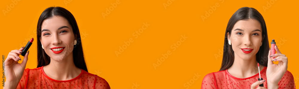 Beautiful young woman with red lipstick on yellow background