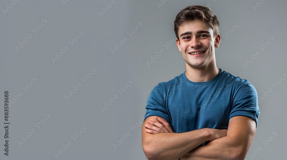 Indoor portrait of young european caucasian man isolated on gray background, standing in blue t-shirt with crossed arms, smiling and looking straight at camera. Indoor portrait of young european caucasian man isolated on gray background, standing in blue t-shirt with crossed arms, smiling and looking straight at camera.