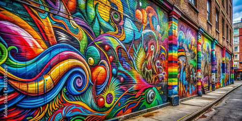 Vibrant colorful graffiti covers urban city wall with abstract shapes, swirls, and tags, expressing artistic rebellion in a gritty, textured, and dynamic street art scene.