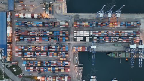 Canvas Print Aerial top view of Container ship loading and unloading, Cargo container in deep seaport for the international order concept
