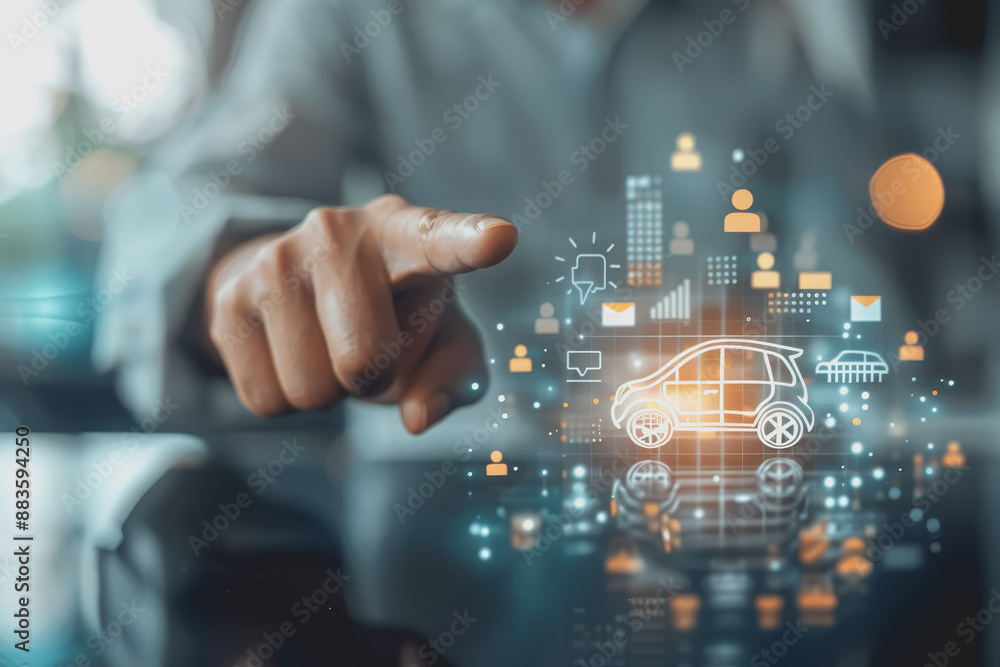 Businessman's hand pointing at icons of house, car, financial, digital graphic concept. Businessman's hand pointing at icons of house, car, financial, digital graphic concept.