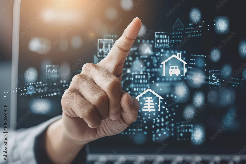 Businessman's hand pointing at icons of house, car, financial, digital graphic concept. Businessman's hand pointing at icons of house, car, financial, digital graphic concept.