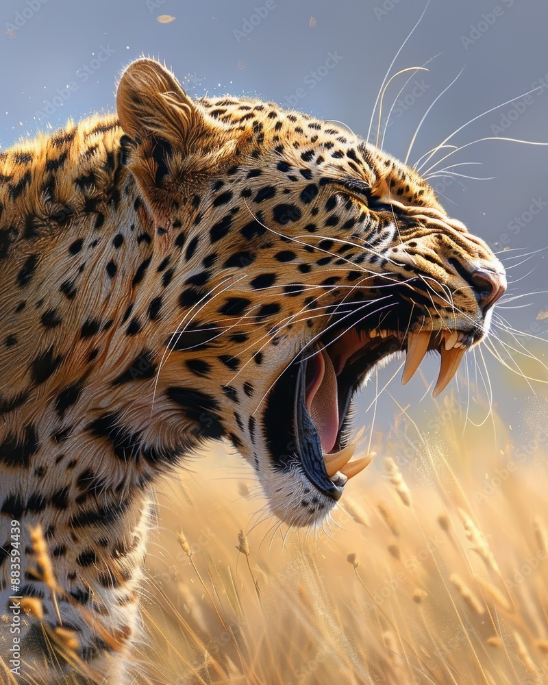 Angry leopard roaring showing its teeth in the savanna Stock Photo ...
