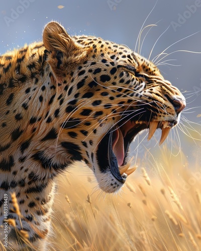 Angry leopard roaring showing its teeth in the savanna photo