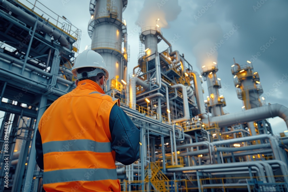 Engineer is supervising an industrial plant at sunset Engineer is supervising an industrial plant at sunset