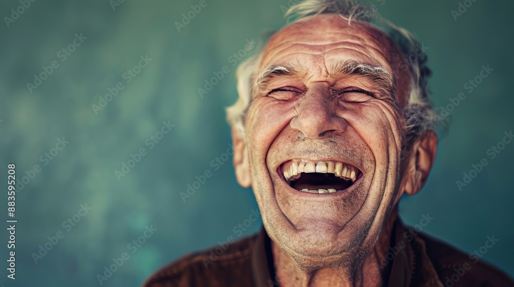 Elderly man laughing heartily with eyes closed, his expressive face and ...