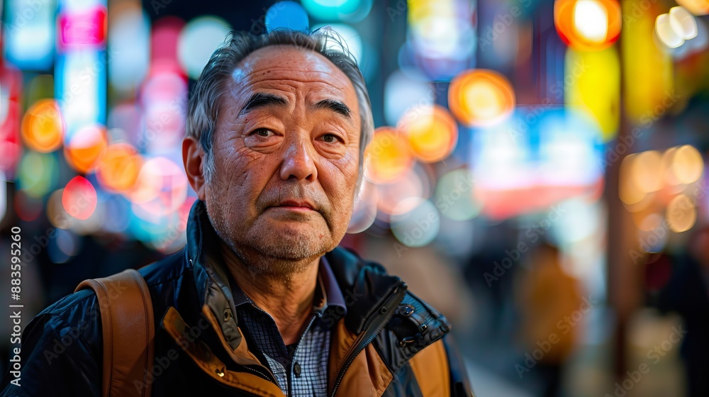 An elderly man in a jacket stands thoughtfully on an illuminated city street at night, surrounded by colorful lights and reflecting on the vibrancy and hustle around him. An elderly man in a jacket stands thoughtfully on an illuminated city street at night, surrounded by colorful lights and reflecting on the vibrancy and hustle around him.