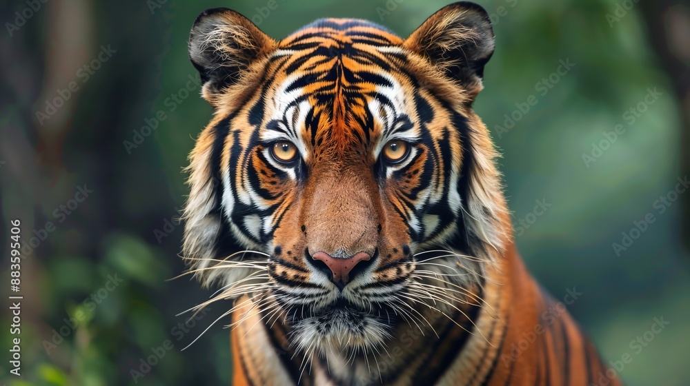 A mesmerizing close-up shot of a tiger, its intense gaze fixed on the camera, showcasing the majestic beauty and power of this magnificent wild animal surrounded by nature. A mesmerizing close-up shot of a tiger, its intense gaze fixed on the camera, showcasing the majestic beauty and power of this magnificent wild animal surrounded by nature.