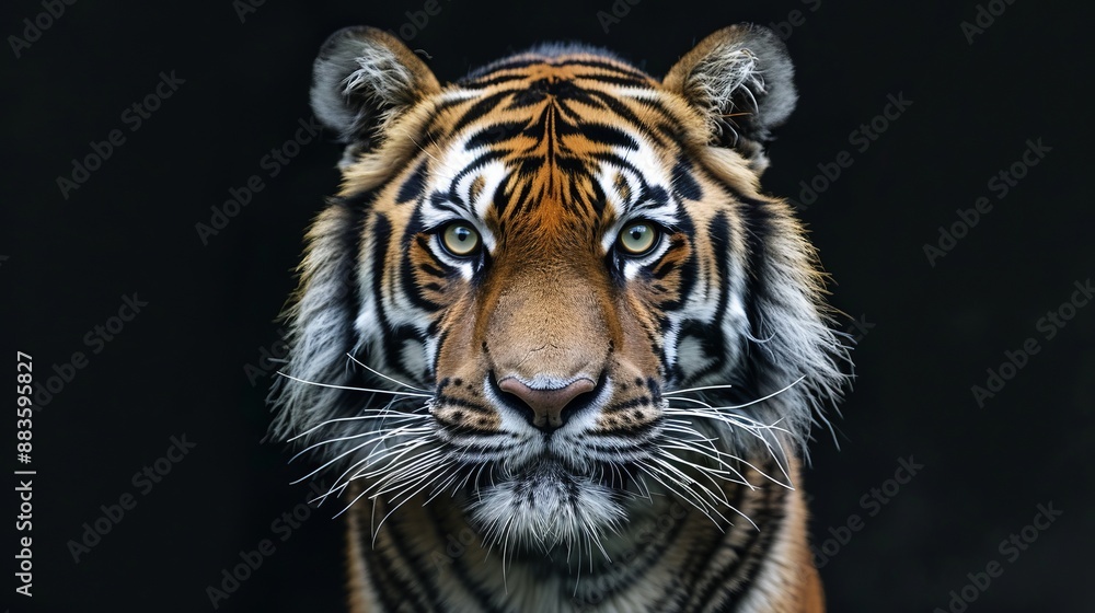 Naklejka premium An intense and focused portrait of a tiger staring directly at the camera, emphasizing its majestic and wild nature, with a detailed view of the face and ear markings.