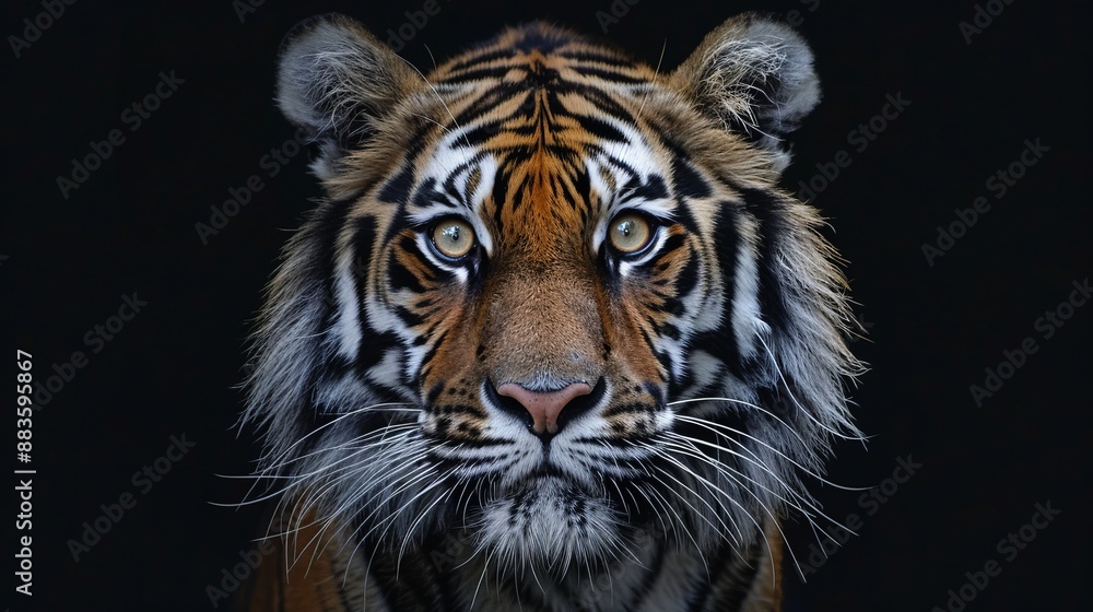 Fototapeta premium A mesmerizing portrait of a tiger with piercing eyes against a dark backdrop, capturing the essence of power and grace, with detailed facial markings and dense fur.
