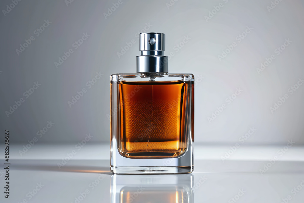 Sleek, luxury cologne bottle with a minimalist design, amber liquid, and silver accents, exuding masculinity and sophistication, on a clean white background. Sleek, luxury cologne bottle with a minimalist design, amber liquid, and silver accents, exuding masculinity and sophistication, on a clean white background.