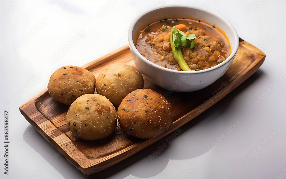 Board and plate of tasty Daal Baati Churma with on white background. Board and plate of tasty Daal Baati Churma with on white background.
