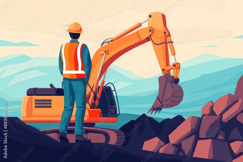 Illustration of a construction worker in safety gear supervising an excavator at a mountainous worksite, emphasizing industry and labor. Illustration of a construction worker in safety gear supervising an excavator at a mountainous worksite, emphasizing industry and labor.