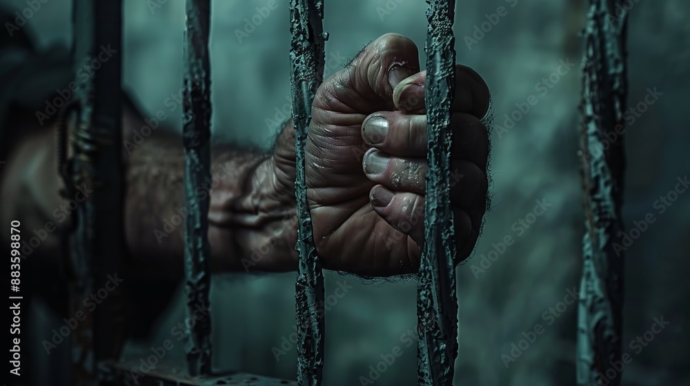 A closely framed shot of a weathered hand gripping the bars of a prison cell, highlighting the themes of incarceration, endurance, and the human spirit's resilience. A closely framed shot of a weathered hand gripping the bars of a prison cell, highlighting the themes of incarceration, endurance, and the human spirit's resilience.