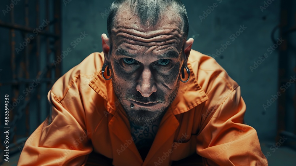 A tattooed inmate with piercings, dressed in an orange jumpsuit, stares intensely at the camera from inside a prison cell, highlighting rebellion and raw intensity. A tattooed inmate with piercings, dressed in an orange jumpsuit, stares intensely at the camera from inside a prison cell, highlighting rebellion and raw intensity.