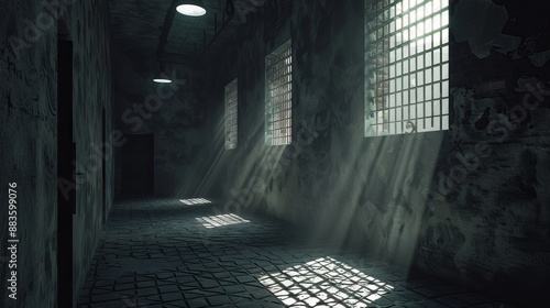 A stark prison hallway with light streaming in through barred windows, illuminating the rough concrete walls and floors, evoking themes of isolation and confinement.