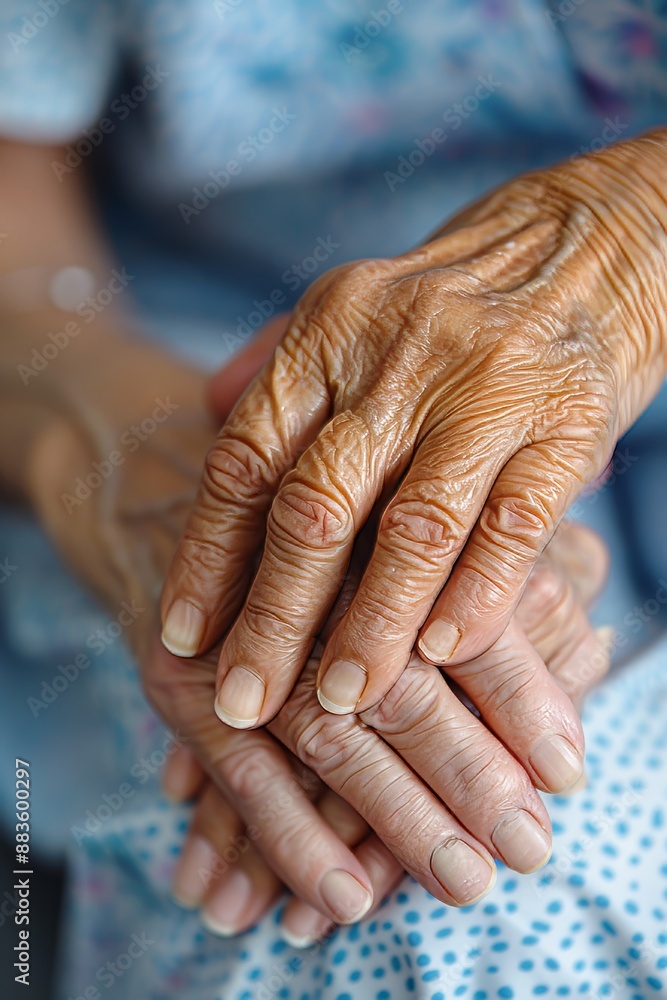 Fototapeta premium Compassionate nurse comforting elderly patient in serene hospital setting during challenging period