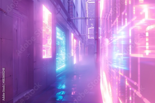 A futuristic, neon-lit alleyway with sleek, minimalistic architecture and vibrant holographic signs, bathed in a soft, cool light, creating a sense of intrigue and mystery