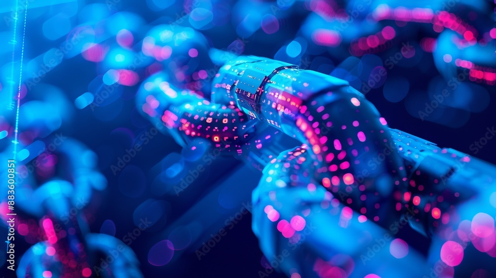 A vivid close-up image of futuristic chain links glowing in pink and blue hues, showcasing advanced technology and blockchain concepts in a visually stunning manner. A vivid close-up image of futuristic chain links glowing in pink and blue hues, showcasing advanced technology and blockchain concepts in a visually stunning manner.