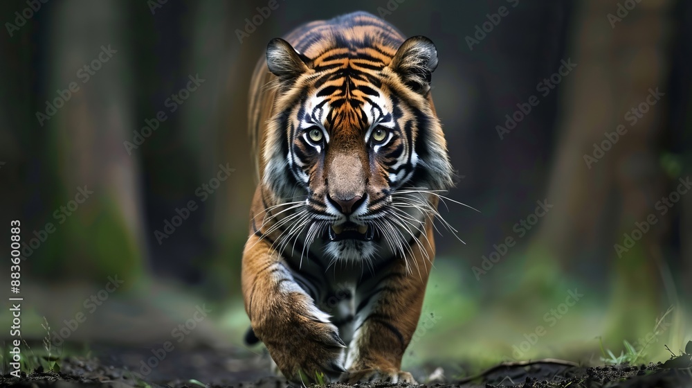 Fototapeta premium A powerful close-up image capturing a tiger in mid-stride as it runs through a forest, highlighting its strength and agility in a natural, dynamic environment.
