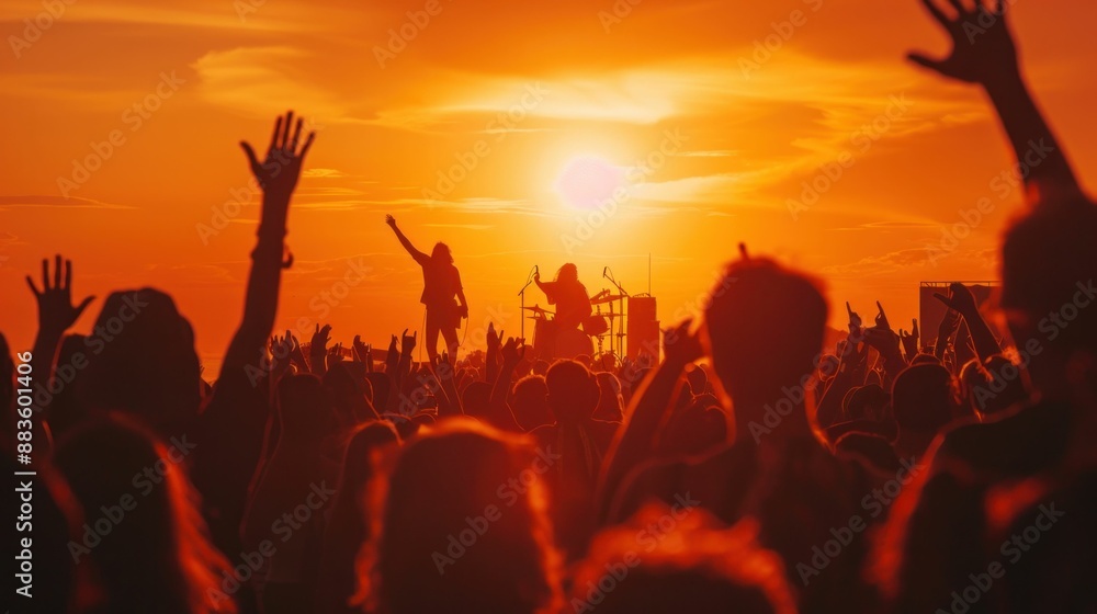 Crowd of People Enjoying Sunset Concert with Hands Up in Travel Destination Beach Party Vibes Crowd of People Enjoying Sunset Concert with Hands Up in Travel Destination Beach Party Vibes