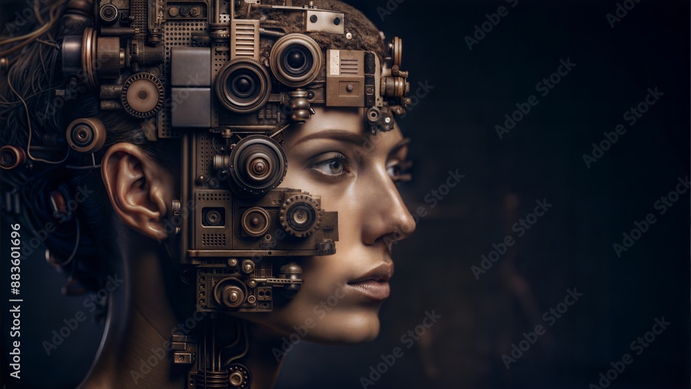Human face composed of evolving gadgets, symbolizing tech integration, inspiration Human face composed of evolving gadgets, symbolizing tech integration, inspiration