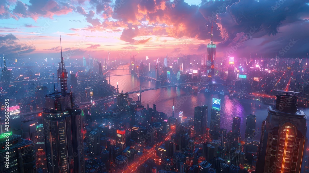 A photorealistic CG 3D rendering of a panoramic view of a futuristic cityscape A photorealistic CG 3D rendering of a panoramic view of a futuristic cityscape