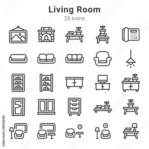 25 icons collection about living room