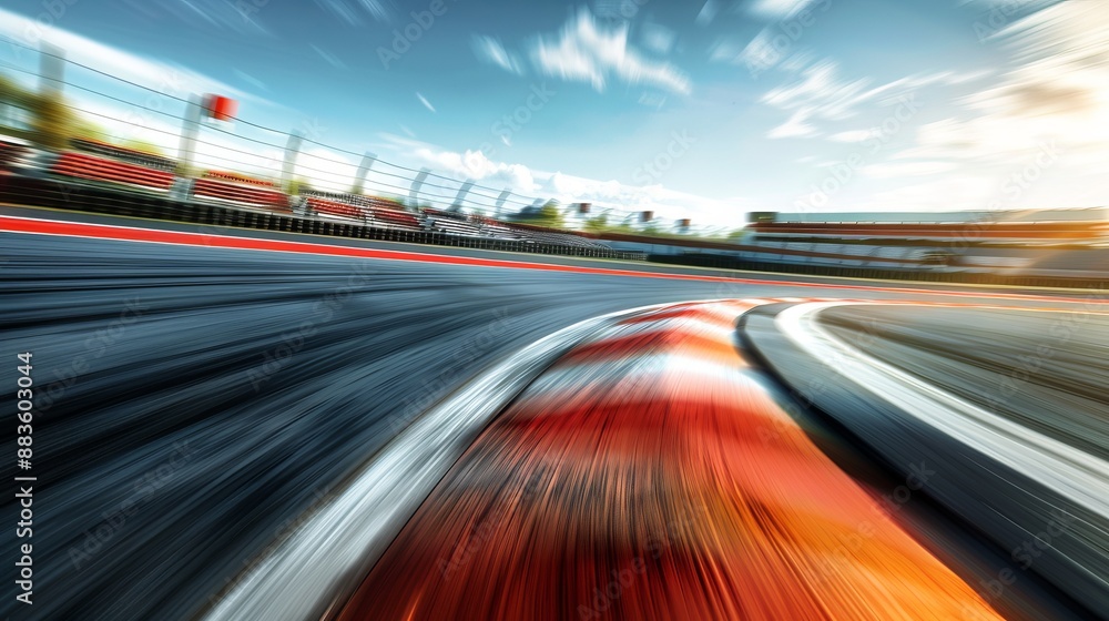 A high-speed image capturing the blurred turn of a race track during the day, reflecting the sheer velocity and excitement of motor racing, with visible raceway elements and clear skies. A high-speed image capturing the blurred turn of a race track during the day, reflecting the sheer velocity and excitement of motor racing, with visible raceway elements and clear skies.