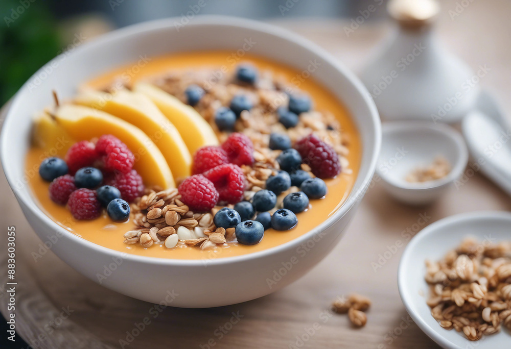 Smoothie bowl with fresh fruits and granola in a ceramic bowl in a high-end health cafe
Smoothie bowl with fresh fruits and granola in a ceramic bowl in a high-end health cafe